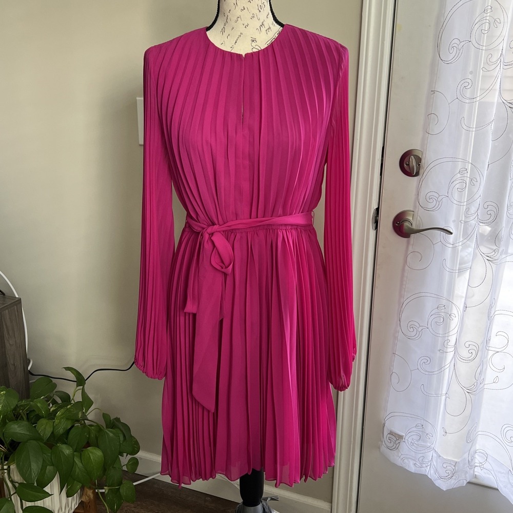 Sam Edelman Round-Neck Pleated Plisse Tie-Waist Dress‎ Women's 10 Pink